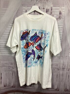 Vintage 90s CYRK Sport Tee Shirt White Marine Fish XL